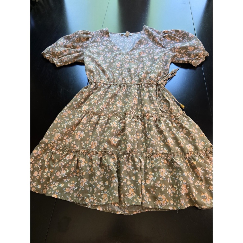 Charlotte Russe Olive Green Floral Tiered Mini Dress Size Small Puff Sleeve